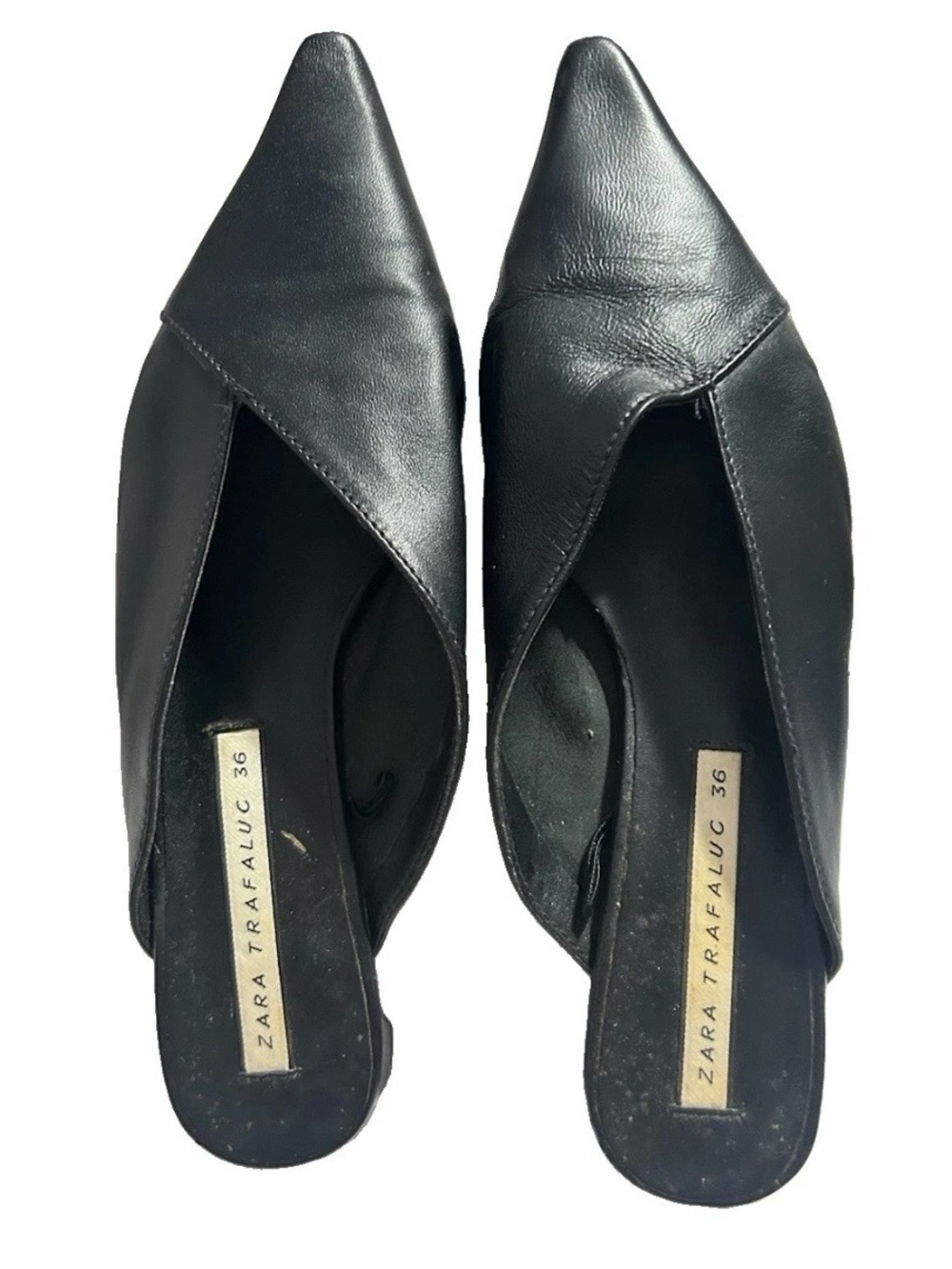Zara Trafaluc Black Leather Pointed Toe Flat Mule Slides Women’s US 7.5 EU 36